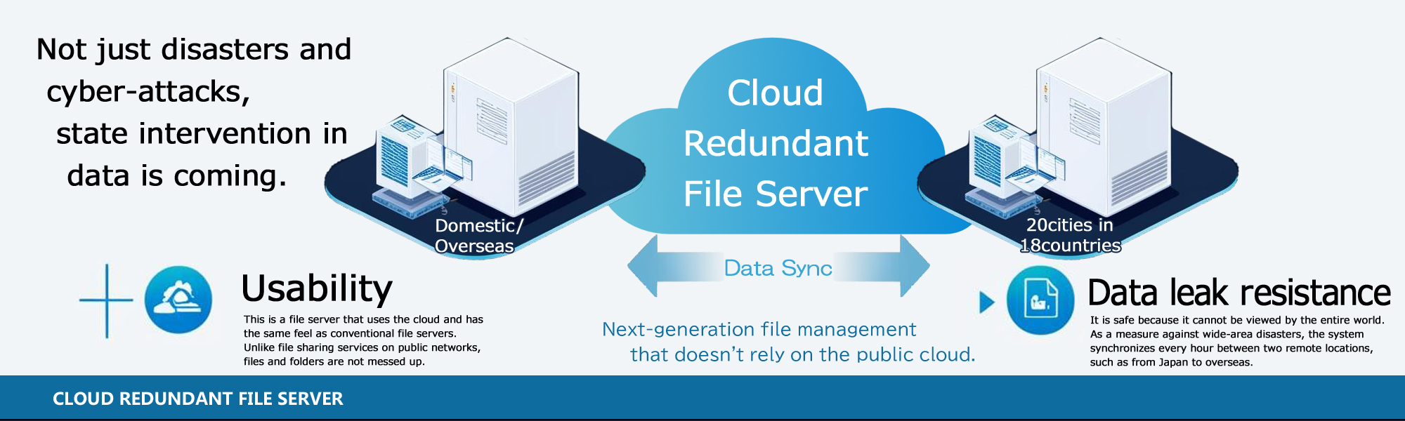 Not just disasters and cyber-attacks, state intervention in data is coming.We protect your data from that risk.Cloud Redundant File Server